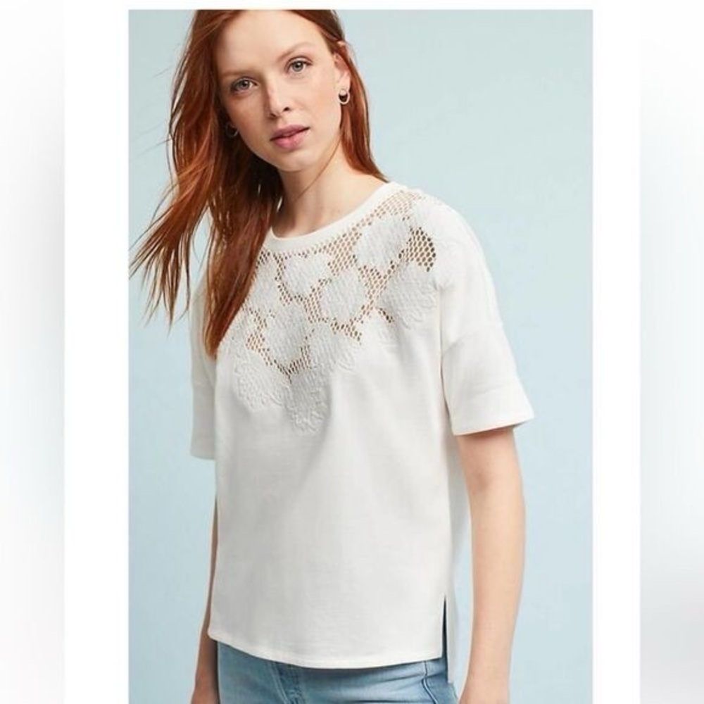 Anthropologie James Coviello Floral Embroidered Netted Crochet Top White Sz XS